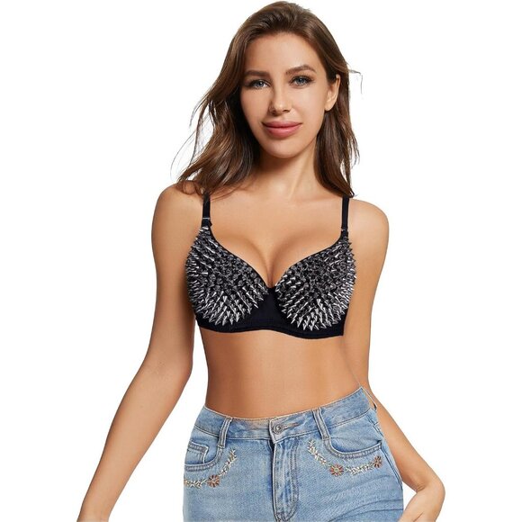 Steampunk B Cup Spike Stud  Rivet Party Club Rav Sport Bra Top Hook & Eye Women - Picture 2 of 6